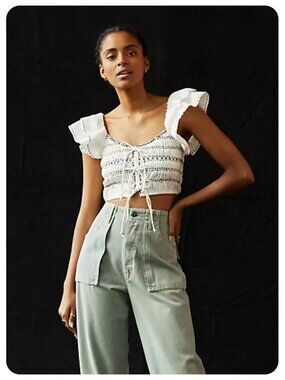 by Anthropologie White Smocked Pullover Ruffle Sleeve Crop Top sz xs